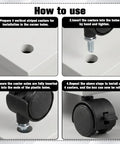 Instructions for installing Four Pack One Inch Swivel Caster Wheels With Locking Brakes for smooth rolling furniture.