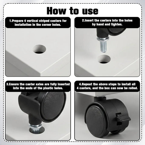Instructions for installing Four Pack One Inch Swivel Caster Wheels With Locking Brakes for smooth rolling furniture.