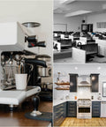 Collage showing a coffee machine, a modern office with computers, and a stylish kitchen with appliances.