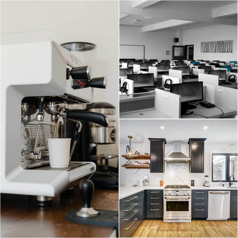 Collage showing a coffee machine, a modern office with computers, and a stylish kitchen with appliances.