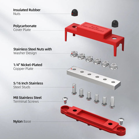 Badass 400A Power Distribution Bus Bar With Six M8 Studs And Red Black Pair Battery Terminal Kit For 12V 24V 48V Systems components layout