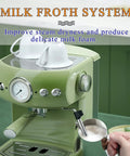 Get Your Daily Java Fix With This Dependable Home Espresso Maker And Coffee Machine Featuring Built In Grinder And Creamy Milk Frother Semi Automatic Heat Display For Smooth Barista Level Shots In Fresh Green Finish, showcasing milk froth system and steam functionality.
