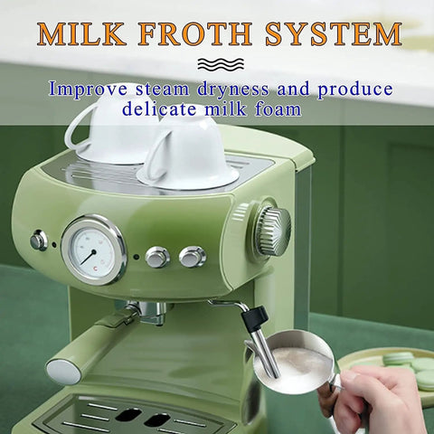 Get Your Daily Java Fix With This Dependable Home Espresso Maker And Coffee Machine Featuring Built In Grinder And Creamy Milk Frother Semi Automatic Heat Display For Smooth Barista Level Shots In Fresh Green Finish, showcasing milk froth system and steam functionality.