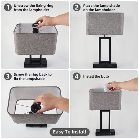 Dope 2 Pack Industrial Style Touch Table Lamps With 3 Way Dimming, USB Ports And AC Outlet, Modern Nightstand Lamps With Fabric Shades For Bedroom Or Living Room, Easy Tap Control For Reading And Relaxing