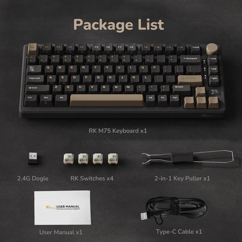 Wireless Mechanical Keyboard With Gasket Mount And Hot Swappable Pale Green Switches Offering Triple Mode Connectivity package list with accessories.