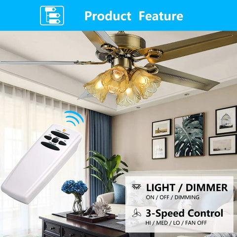Ceiling Fan Remote Control Kit With Receiver And 3 Speed Light Dimmer shown with a ceiling fan in a living room setup.