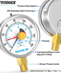Meanlin stainless pressure gauge, 0-160 psi, 2.5-inch face, glycerin-filled, lower-mount with brass 1/4" NPT fittings