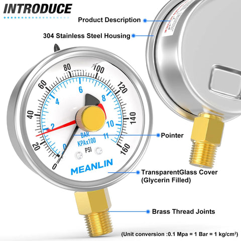 Meanlin stainless pressure gauge, 0-160 psi, 2.5-inch face, glycerin-filled, lower-mount with brass 1/4" NPT fittings