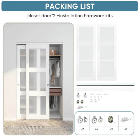 Image of a Sliding Bypass Closet Door Set, 48 Inches Wide By 80 Inches Tall, 24.5In Panels With Frosted Glass For Privacy and hardware kit.
