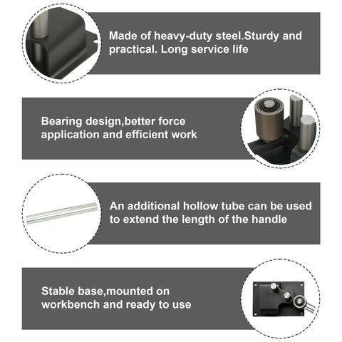 Diagram showing features of Heavy Duty Manual Rebar Bender For 4mm To 14mm Steel Rods, including heavy-duty steel and stable base
