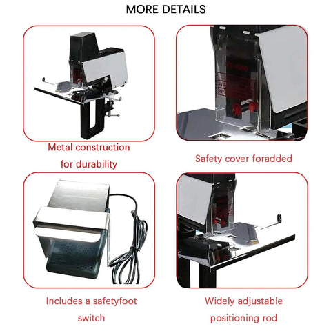 Electric Rapid Stapler For Book Binding With Foot Pedal Switch showing metal frame, safety cover, foot switch, position rod.