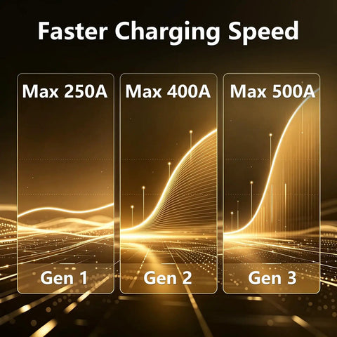 Faster charging speed graphic showing Max 250A, 400A, and 500A performance levels for electric vehicle adapters.