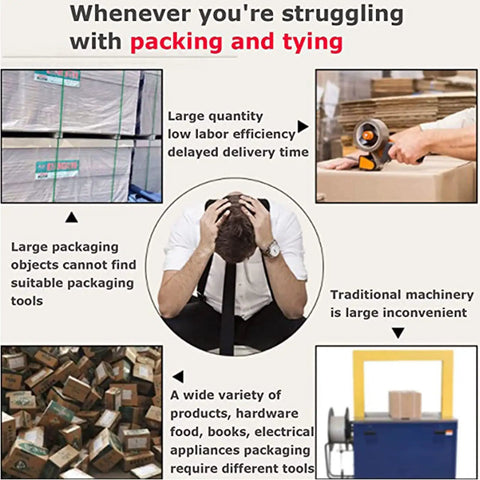 Infographic showing common packing struggles associated with large items and traditional machinery, emphasizing challenges.