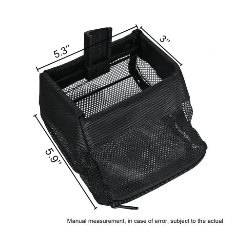 Brass Catcher With Quick Release Picatinny Mount For AR 15 Rifle Range Shooting, dimensions labeled on zippered mesh shell catcher.