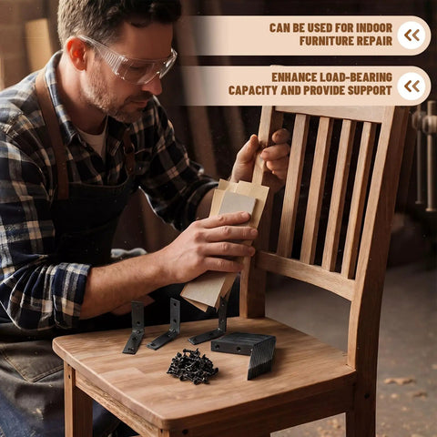 Man assembling chair using 100 Pcs 2 Inch Corner Brackets Set Steel L Shaped Right Angle Braces With Zinc Plating Four Hole Design