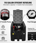 Road Ready Portable Diesel Transfer Tank 116 Gallon Capacity With 12V Electric Pump, open lid showing fittings and fuel gauge.