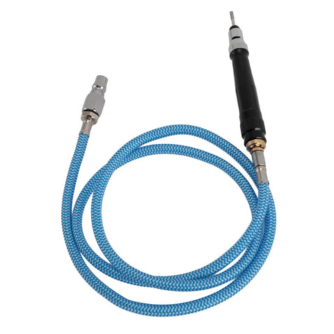 Kickass Pneumatic Pencil Die Grinder Crushing Metal With 70000Rpm Of Pure Air Powered Might air hose with blue braided cover and connector.