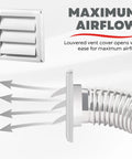 Supurr Vent 4 Inch Outdoor Dryer Vent Cover White Louvered Wall Hood With Gravity Damper shown with airflow arrows