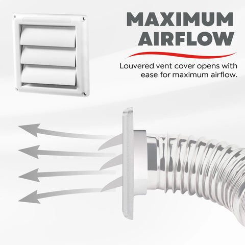 Supurr Vent 4 Inch Outdoor Dryer Vent Cover White Louvered Wall Hood With Gravity Damper shown with airflow arrows