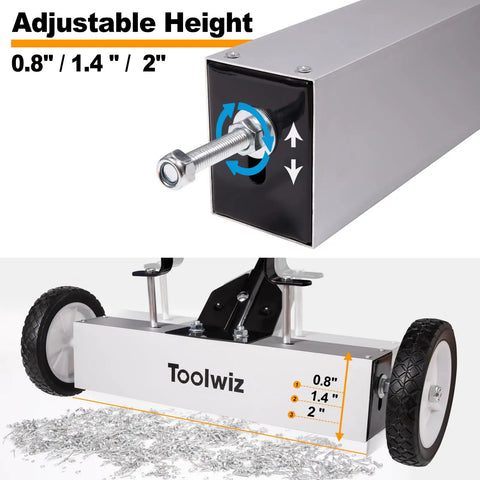 18 Inch Magnetic Sweeper With 26 Lbs Pull Rolling Wheels And Telescoping Extension Handle adjusting height for debris collection