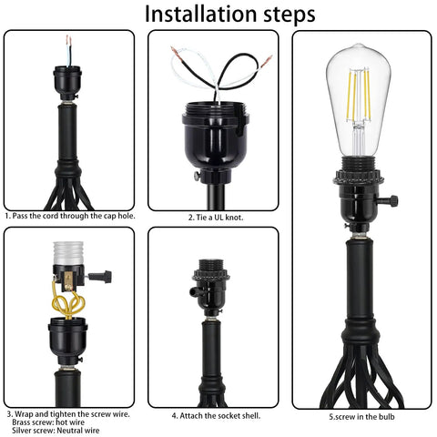 Installation steps for UL Listed E26 Light Socket With On Off Switch, showing wiring and assembly process for table lamps.