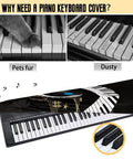 Keyboard with Music Note Design Keyboard Dust Cover, showing pet fur and dusty keys, protects 61 to 76 key pianos