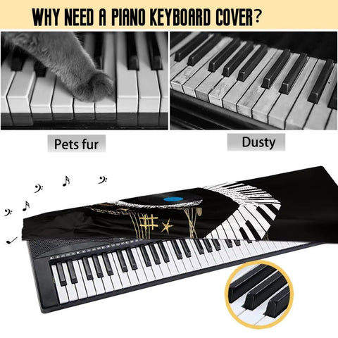 Keyboard with Music Note Design Keyboard Dust Cover, showing pet fur and dusty keys, protects 61 to 76 key pianos