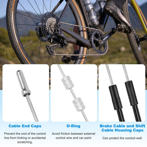 All In One Mountain Bike Brake Cable Kit Upgrade For MTB Ride Ready Pro Grade Full Replacement With 4 Brake Cables 2 Shifter Cables Housings End Caps O Rings And Universal Derailleur Cables Set shown on a bicycle with detailed view of cable end caps, O-rings, and housing caps.