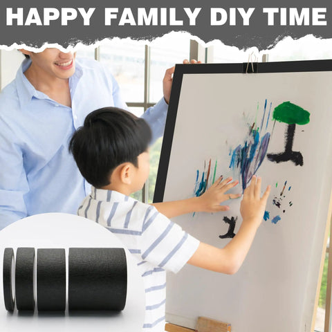 Child painting with assorted black masking tape set, featuring four widths 2, 1, 0.6, and 0.24 inches, for crafts and DIY projects.