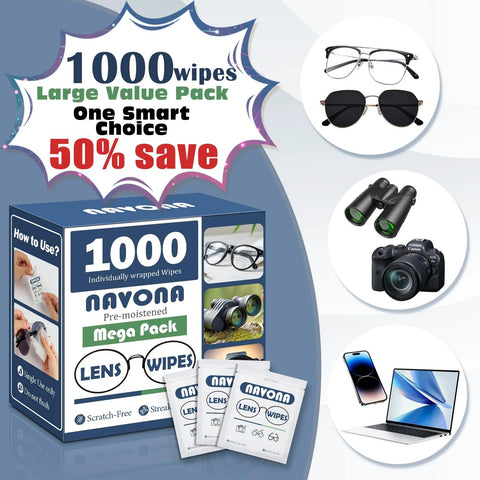 Navona 1000-count lens wipes box, pre-moistened and individually wrapped for eyeglasses and lenses — front view.