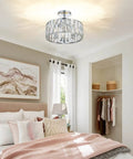 Sleek Modern Crystal Semi Flush Mount Chandelier With 12.6 Inch Round Drum Shade, 3 Light E12 Ceiling Fixture in Bedroom