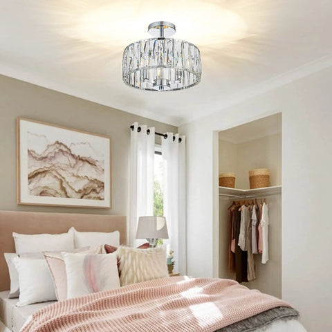 Sleek Modern Crystal Semi Flush Mount Chandelier With 12.6 Inch Round Drum Shade, 3 Light E12 Ceiling Fixture in Bedroom