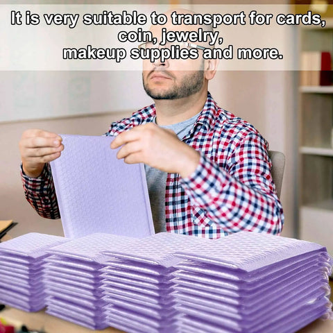 Person holding purple envelope from 100 Count Bubble Mailer Set Four Sizes Self Adhesive Waterproof Padded Envelopes For Shipping And Mailing Cushioning Seal Bubble Mailers For Small Business Packaging Purple