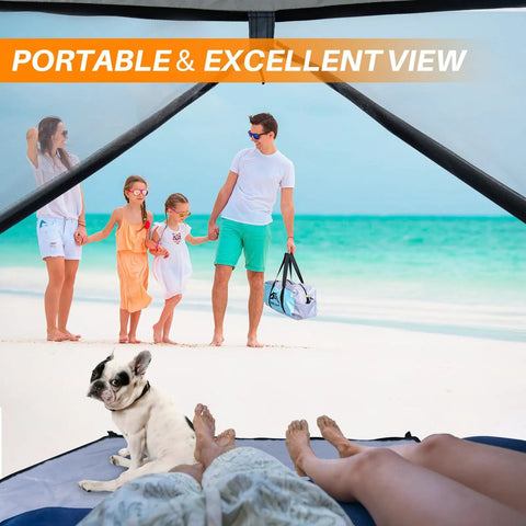 Family viewed from Beach Shade Tent With UPF 50 Plus Sun Protection For 3 To 8 People Portable Family Beach Canopy at the beach.