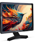 17-Inch 4:3 Security Monitor With 1280x1024 Resolution displaying a colorful abstract bird, metal housing, on a stand.