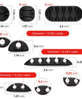 Diagram of 18 Pack Black Adhesive Cable Clips Organizer Set with dimensions and slot sizes for wires on desks and office spaces.