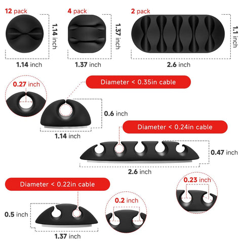 Diagram of 18 Pack Black Adhesive Cable Clips Organizer Set with dimensions and slot sizes for wires on desks and office spaces.