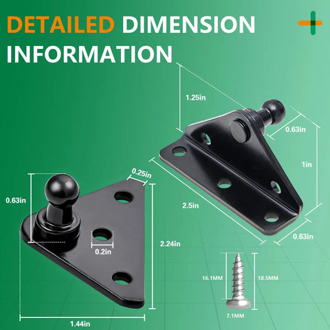 Heavy Duty 10mm Ball Stud Mounting Brackets For Gas Struts 4 Piece Galvanized Steel Kit With 16 Screws detailed dimensions and design.