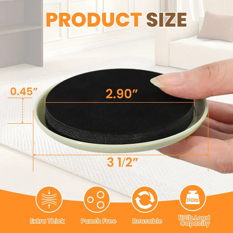 Heavy Duty Furniture Sliders For Carpet 24 Pack, 3.5 Inch Round Glides, showing dimensions of 2.90 inch diameter and 0.45 inch height.