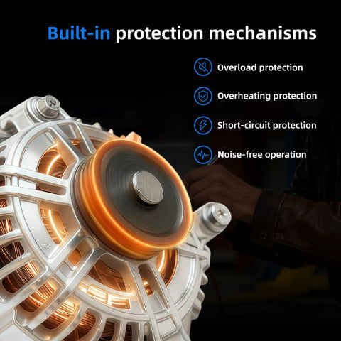 Beefy 110 Amp 12V Alternator Replacement Direct Fit For Sonata, Forte, Rondo; close-up view with protection features listed