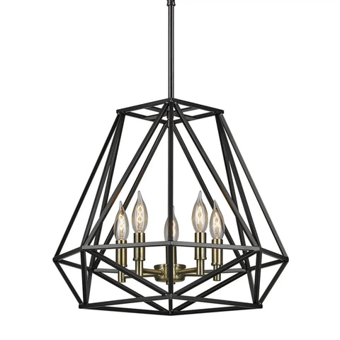 Juliet 1-Light Industrial Chandelier In Matte Black With Open Socket Design And Hanging Chain, geometric cage shape