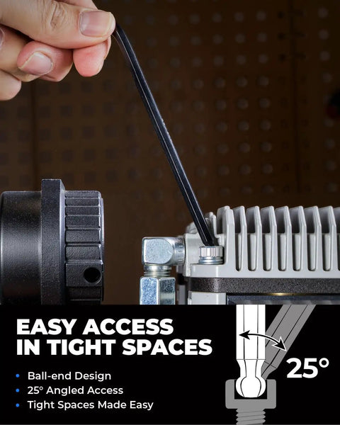 Person using 26 Piece Metric And SAE Allen Wrench Set With Ball End Long Arm Hex Keys From One Point Two Seven Millimeter To Ten Millimeter And From Three Sixty Fourths Of An Inch To Three Eighths Of An Inch With Handy Holder For Auto Maintenance And DIY Projects to reach tight space with tool.