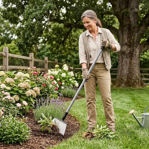 Person using Do It All Garden Shovel With Adjustable Handle Three Stage Length 57 Inches Long Heavy Duty Stainless Steel Spade for weeding.