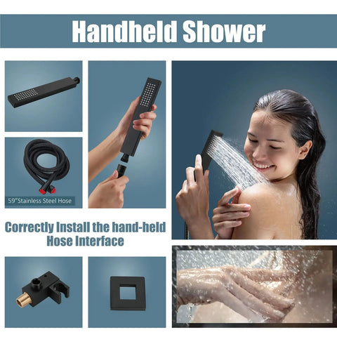 Matte Black 12 Inch Rainfall Shower System With Shower Head Handheld Sprayer Tub Filler And Wall Mount Mixer Valve All Metal Brass Construction Luxury Rough In Kit Included