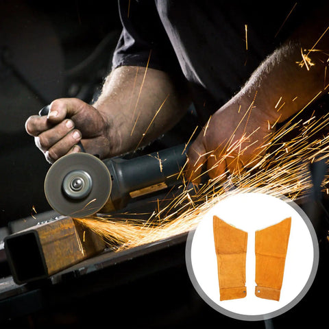 Pro Level Heavy Duty Cowhide Leather Arm Sleeves Heat Resistant Double Layer Welding Oversleeves during metalwork with sparks.