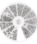 Straight Up Solid 304 Stainless Steel Cup Point Hex Set Screw Assortment Featuring 240 Pieces Across Twelve Standard Inch Threads organized in a clear container.