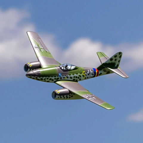 Me 262 EDF RC Warbird Airplane Bind N Fly Basic Jet Fighter Model with 3S Outrunner Motor in flight against blue sky.
