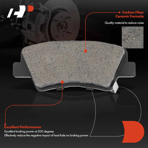Rear Solid Disc Brake Rotors And Ceramic Pads Kit For Select Hyundai And Kia Models Including Elantra Elantra Coupe Elantra GT Veloster Forte Forte Koup Forte5 And Soul 10.31 Inch 261.9mm Street Ready Brake Upgrade with detailed ceramic pad close-up