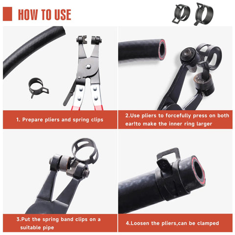 75 Piece Spring Hose Clamp Kit With Pliers, step-by-step use instructions with images of pliers and clamps on hoses