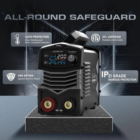 2 In 1 Stick And Lift TIG Welder 200A 110 And 220V MMA Welder with digital display on stand showcasing safety features